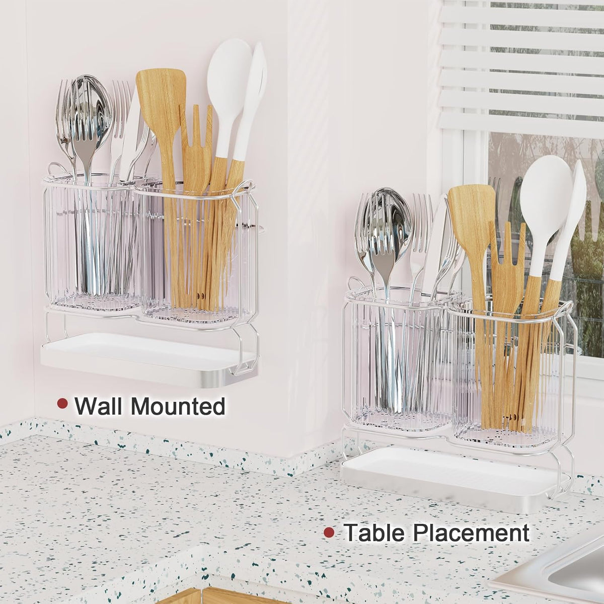 Utensil Holder Counter, 6.7" Plastic Silverware Caddy, Utensil Holder for Party, 2 Cup Flatware Organizer for Kitchen Wall Mount, Forks Spoons Knives Storage with Drain Tray (Black)