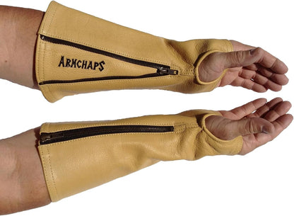 Leather Protective Sleeves Arm Guard - Prevent Cuts, Scratches & Bruises - Genuine Cowhide - Ideal for Gardening & Construction - Left & Right Form-Fitting. Tan (1 Pair/XX-Small).