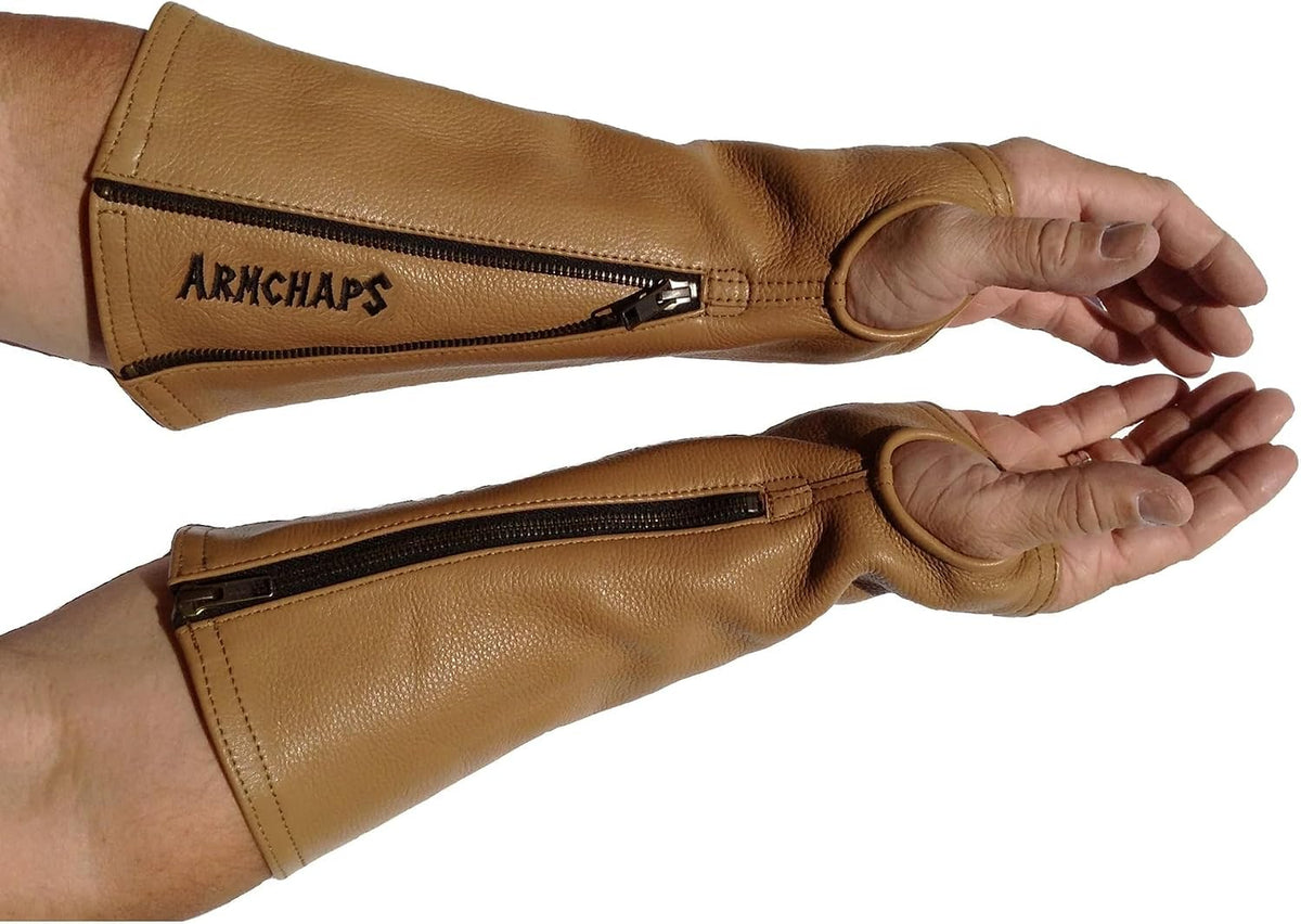 Leather Protective Sleeves Arm Guard - Prevent Cuts, Scratches & Bruises - Genuine Cowhide - Ideal for Gardening & Construction - Left & Right Form-Fitting. Tan (1 Pair/XX-Small).