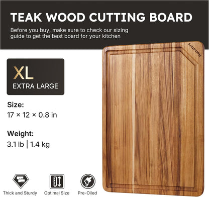 17'' Teak Wood Cutting Board for Kitchen Non Slip Charcuterie Board Serving Heavy Duty Non Toxic Wooden Chopping Board Thick Haus Edge Grain Wood, Knife Friendly Housewarming Gifts - FSC Certified