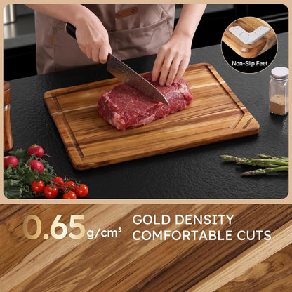 17'' Teak Wood Cutting Board for Kitchen Non Slip Charcuterie Board Serving Heavy Duty Non Toxic Wooden Chopping Board Thick Haus Edge Grain Wood, Knife Friendly Housewarming Gifts - FSC Certified