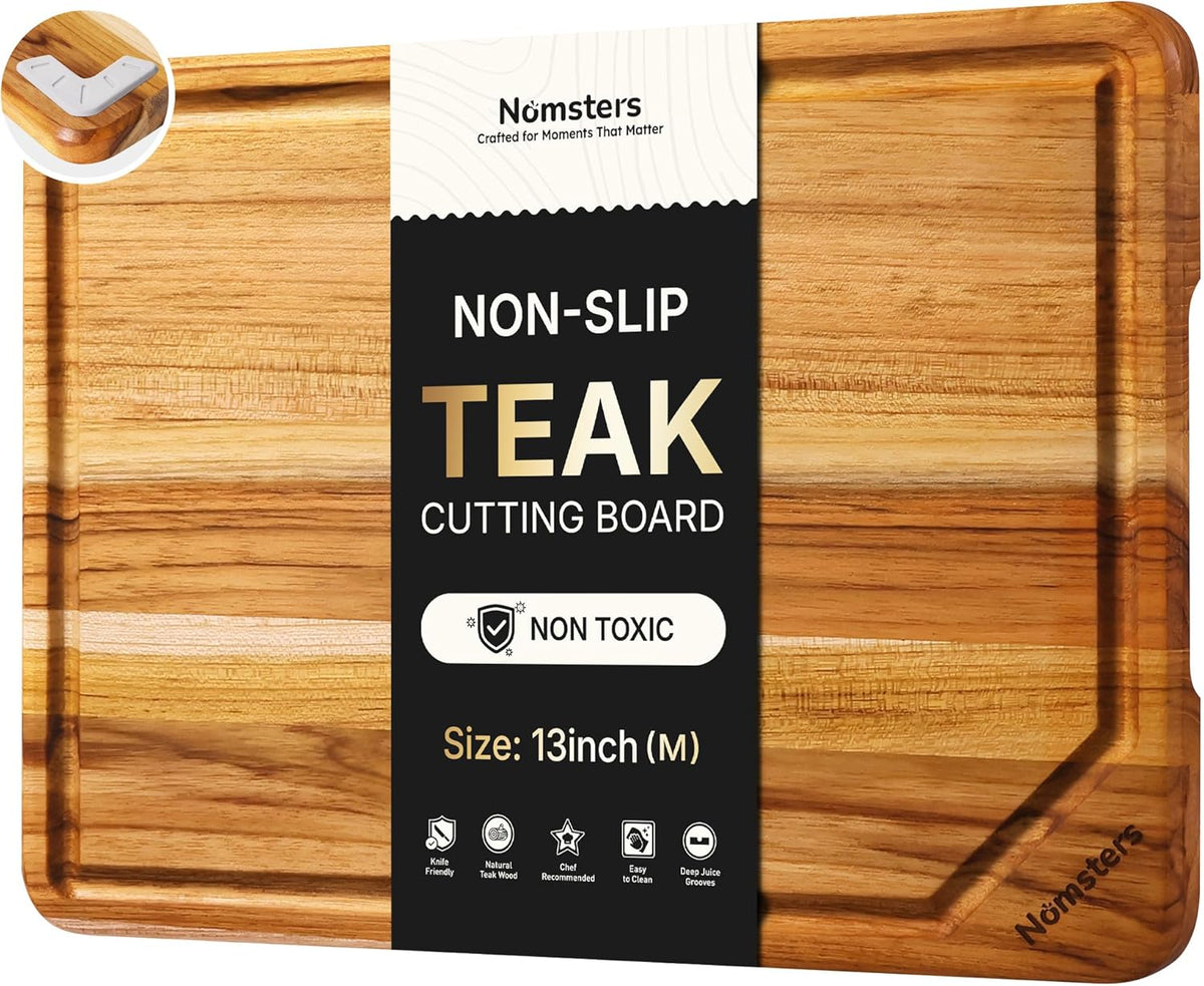 17'' Teak Wood Cutting Board for Kitchen Non Slip Charcuterie Board Serving Heavy Duty Non Toxic Wooden Chopping Board Thick Haus Edge Grain Wood, Knife Friendly Housewarming Gifts - FSC Certified