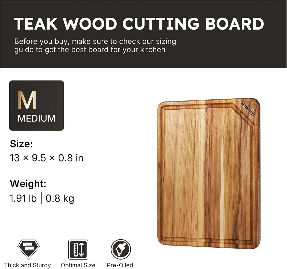 17'' Teak Wood Cutting Board for Kitchen Non Slip Charcuterie Board Serving Heavy Duty Non Toxic Wooden Chopping Board Thick Haus Edge Grain Wood, Knife Friendly Housewarming Gifts - FSC Certified