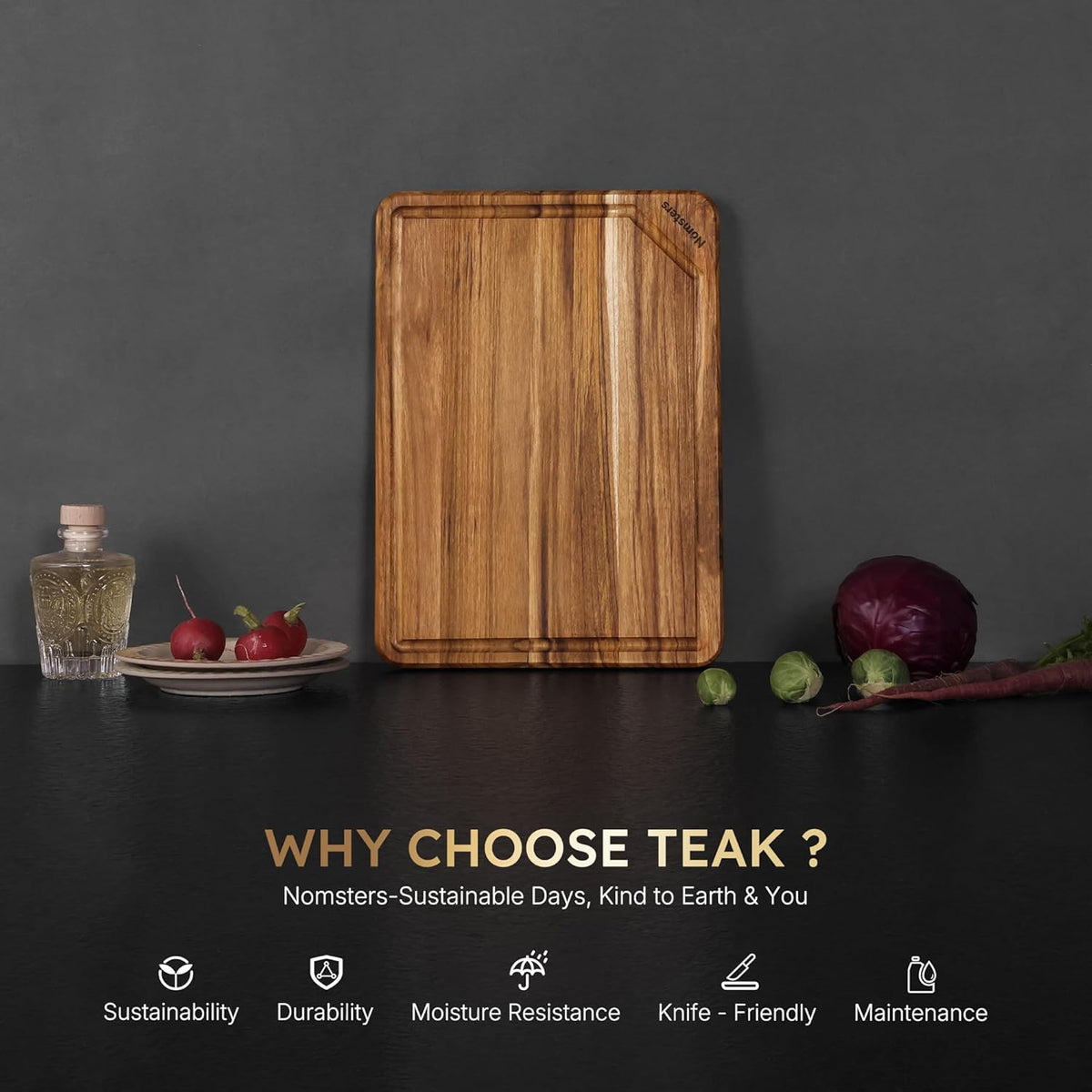 17'' Teak Wood Cutting Board for Kitchen Non Slip Charcuterie Board Serving Heavy Duty Non Toxic Wooden Chopping Board Thick Haus Edge Grain Wood, Knife Friendly Housewarming Gifts - FSC Certified