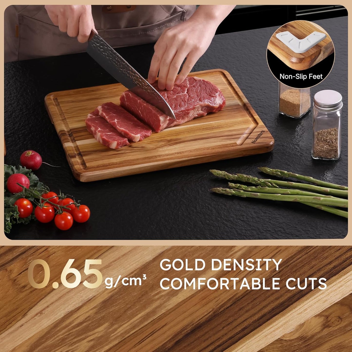 17'' Teak Wood Cutting Board for Kitchen Non Slip Charcuterie Board Serving Heavy Duty Non Toxic Wooden Chopping Board Thick Haus Edge Grain Wood, Knife Friendly Housewarming Gifts - FSC Certified