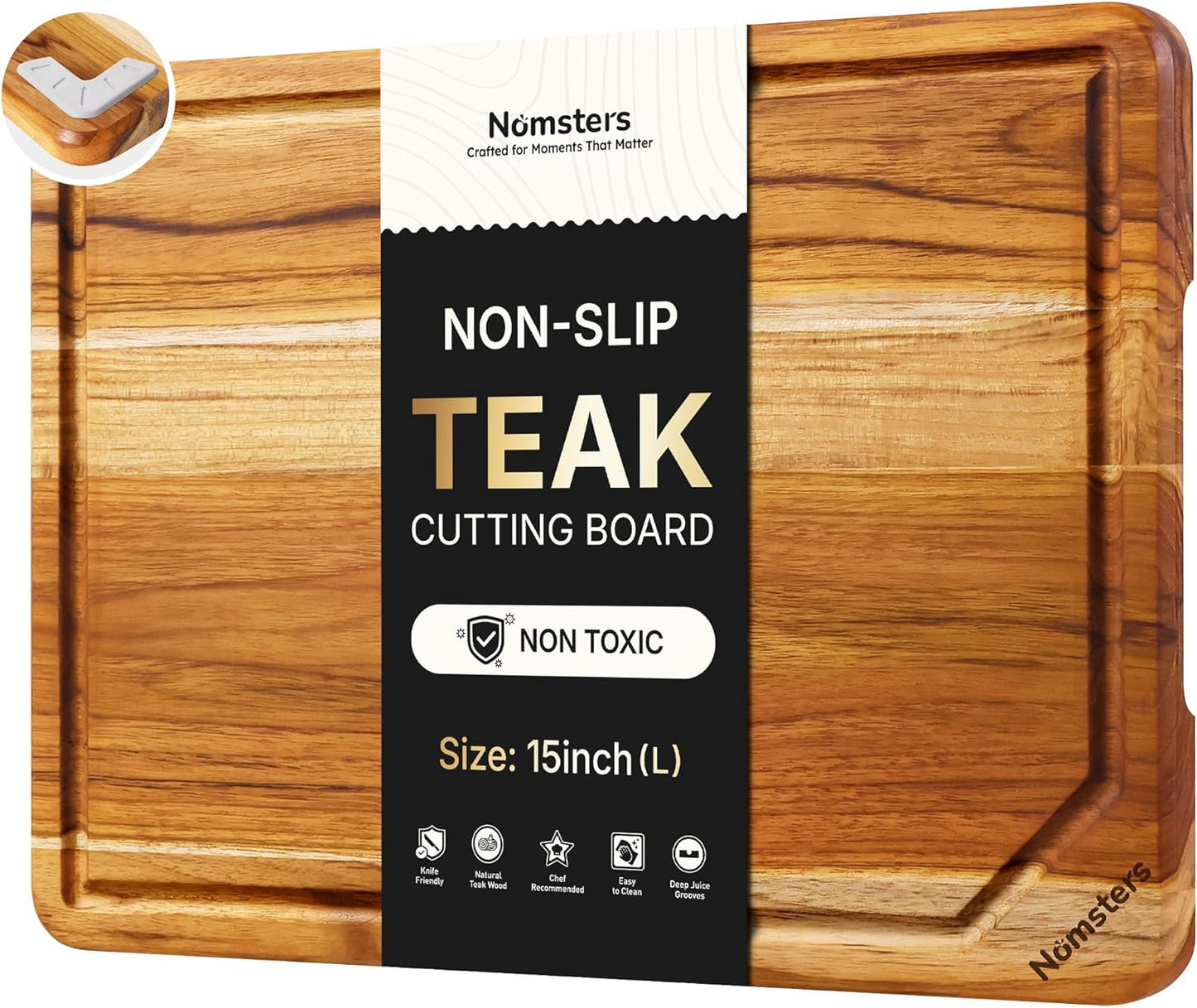 17'' Teak Wood Cutting Board for Kitchen Non Slip Charcuterie Board Serving Heavy Duty Non Toxic Wooden Chopping Board Thick Haus Edge Grain Wood, Knife Friendly Housewarming Gifts - FSC Certified