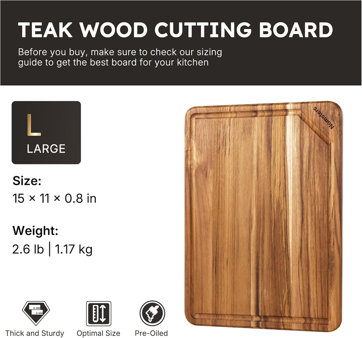 17'' Teak Wood Cutting Board for Kitchen Non Slip Charcuterie Board Serving Heavy Duty Non Toxic Wooden Chopping Board Thick Haus Edge Grain Wood, Knife Friendly Housewarming Gifts - FSC Certified