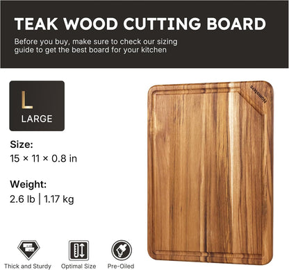 17'' Teak Wood Cutting Board for Kitchen Non Slip Charcuterie Board Serving Heavy Duty Non Toxic Wooden Chopping Board Thick Haus Edge Grain Wood, Knife Friendly Housewarming Gifts - FSC Certified