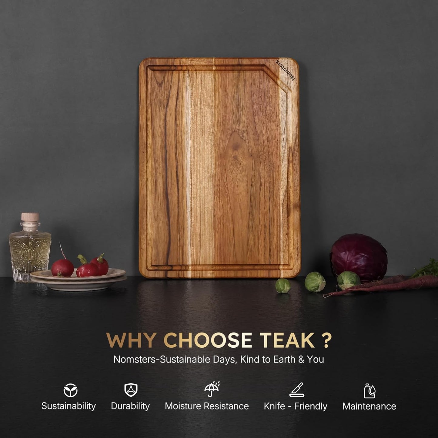 17'' Teak Wood Cutting Board for Kitchen Non Slip Charcuterie Board Serving Heavy Duty Non Toxic Wooden Chopping Board Thick Haus Edge Grain Wood, Knife Friendly Housewarming Gifts - FSC Certified