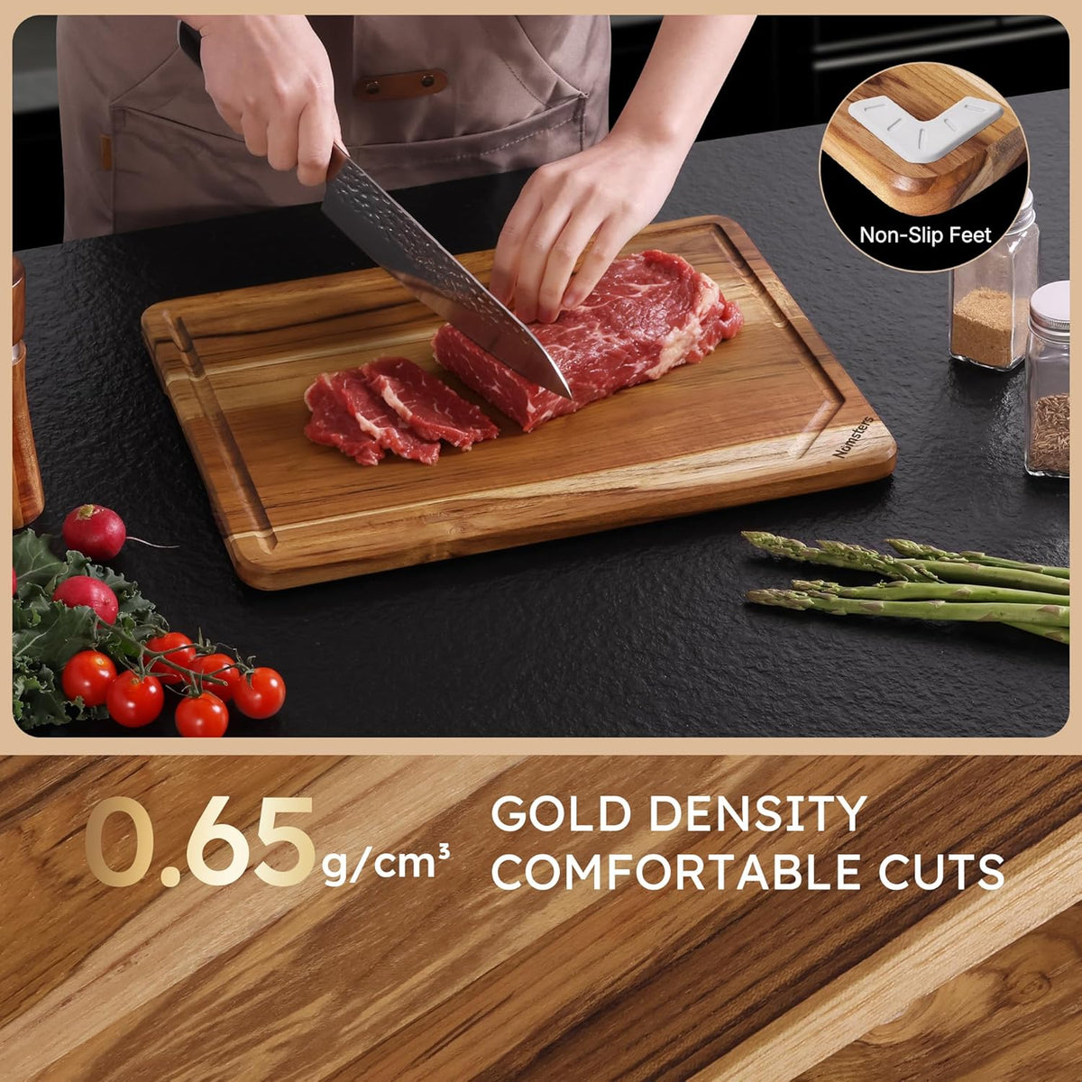 17'' Teak Wood Cutting Board for Kitchen Non Slip Charcuterie Board Serving Heavy Duty Non Toxic Wooden Chopping Board Thick Haus Edge Grain Wood, Knife Friendly Housewarming Gifts - FSC Certified