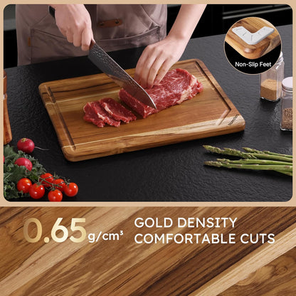 17'' Teak Wood Cutting Board for Kitchen Non Slip Charcuterie Board Serving Heavy Duty Non Toxic Wooden Chopping Board Thick Haus Edge Grain Wood, Knife Friendly Housewarming Gifts - FSC Certified