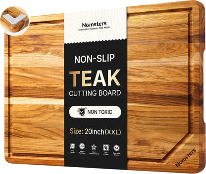 17'' Teak Wood Cutting Board for Kitchen Non Slip Charcuterie Board Serving Heavy Duty Non Toxic Wooden Chopping Board Thick Haus Edge Grain Wood, Knife Friendly Housewarming Gifts - FSC Certified