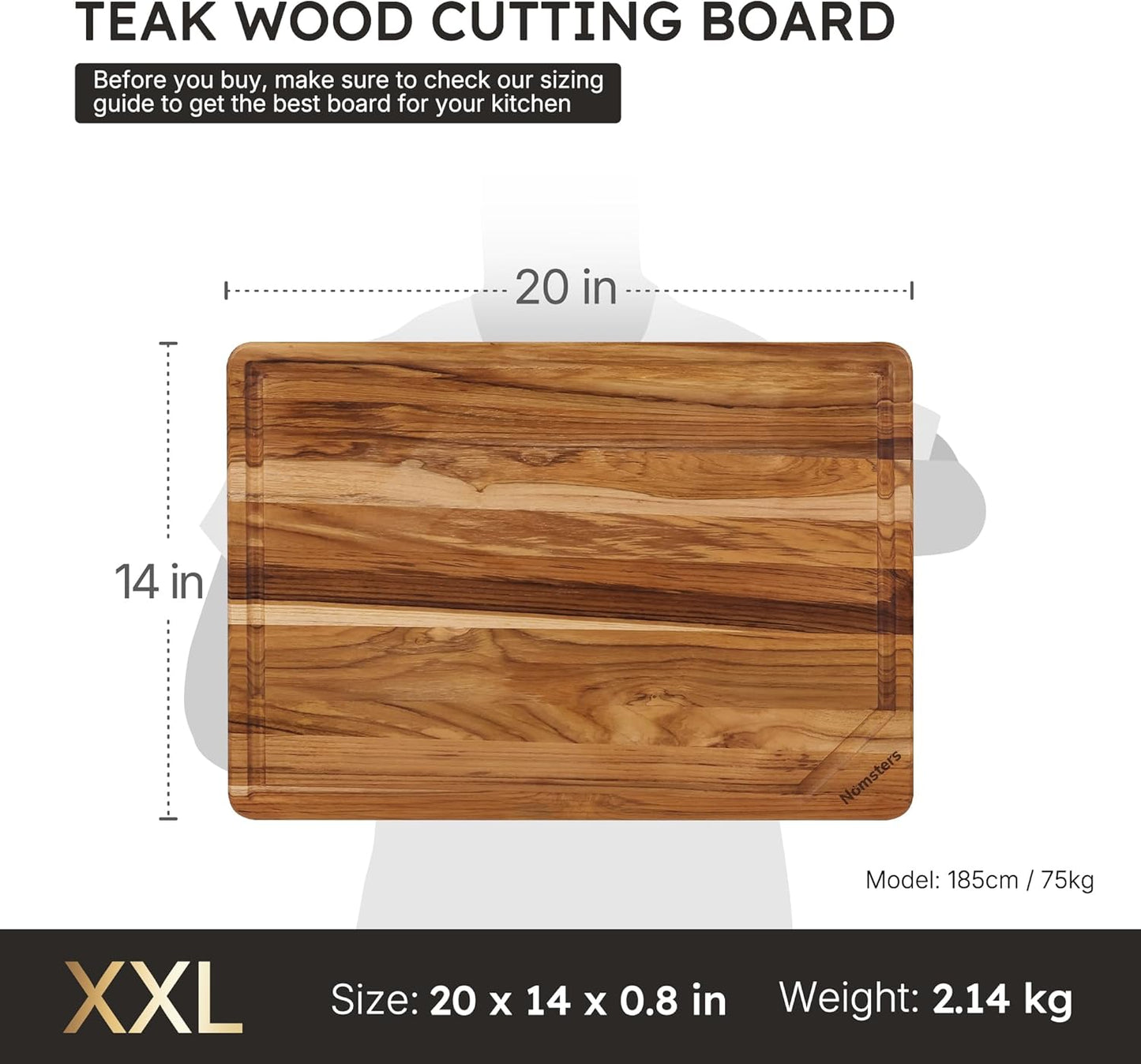 17'' Teak Wood Cutting Board for Kitchen Non Slip Charcuterie Board Serving Heavy Duty Non Toxic Wooden Chopping Board Thick Haus Edge Grain Wood, Knife Friendly Housewarming Gifts - FSC Certified