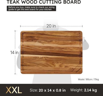 17'' Teak Wood Cutting Board for Kitchen Non Slip Charcuterie Board Serving Heavy Duty Non Toxic Wooden Chopping Board Thick Haus Edge Grain Wood, Knife Friendly Housewarming Gifts - FSC Certified