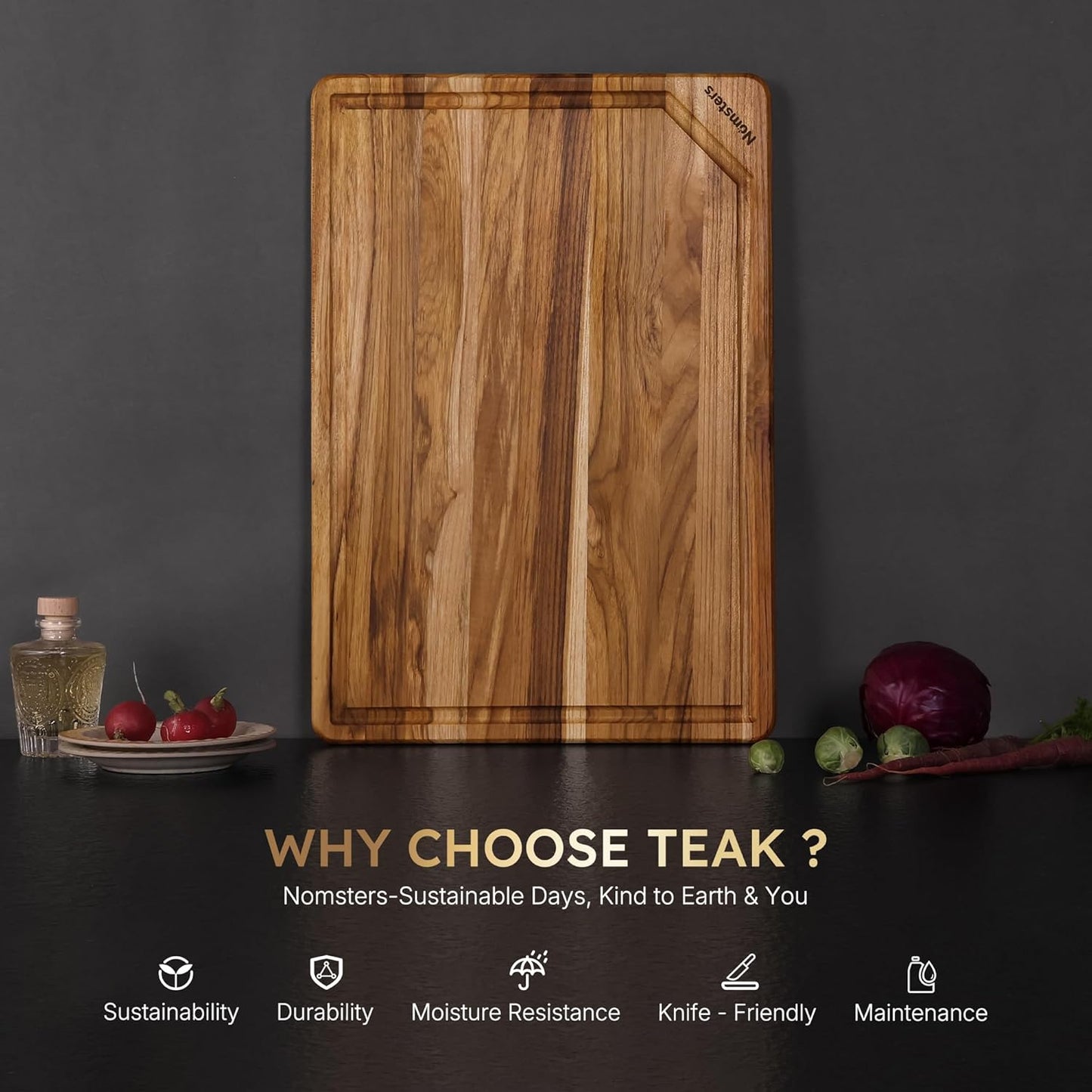 17'' Teak Wood Cutting Board for Kitchen Non Slip Charcuterie Board Serving Heavy Duty Non Toxic Wooden Chopping Board Thick Haus Edge Grain Wood, Knife Friendly Housewarming Gifts - FSC Certified