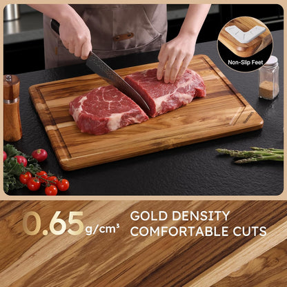 17'' Teak Wood Cutting Board for Kitchen Non Slip Charcuterie Board Serving Heavy Duty Non Toxic Wooden Chopping Board Thick Haus Edge Grain Wood, Knife Friendly Housewarming Gifts - FSC Certified