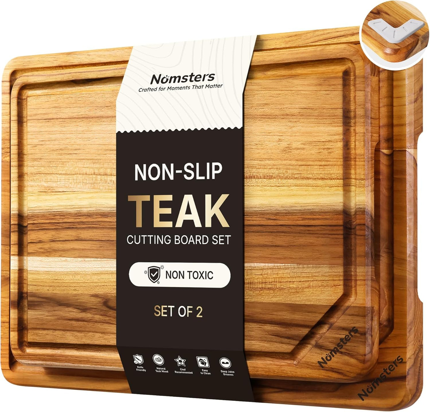17'' Teak Wood Cutting Board for Kitchen Non Slip Charcuterie Board Serving Heavy Duty Non Toxic Wooden Chopping Board Thick Haus Edge Grain Wood, Knife Friendly Housewarming Gifts - FSC Certified