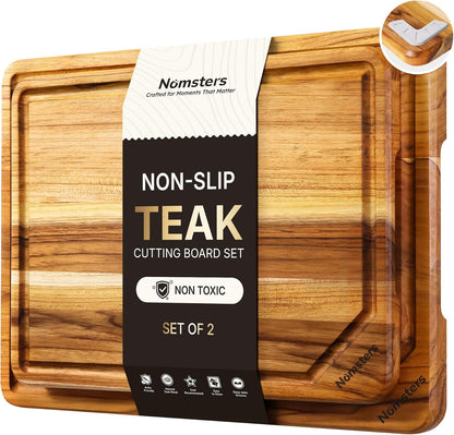 17'' Teak Wood Cutting Board for Kitchen Non Slip Charcuterie Board Serving Heavy Duty Non Toxic Wooden Chopping Board Thick Haus Edge Grain Wood, Knife Friendly Housewarming Gifts - FSC Certified