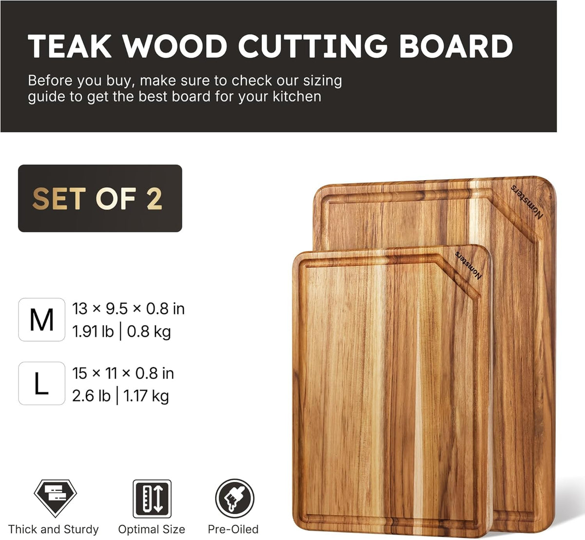 17'' Teak Wood Cutting Board for Kitchen Non Slip Charcuterie Board Serving Heavy Duty Non Toxic Wooden Chopping Board Thick Haus Edge Grain Wood, Knife Friendly Housewarming Gifts - FSC Certified