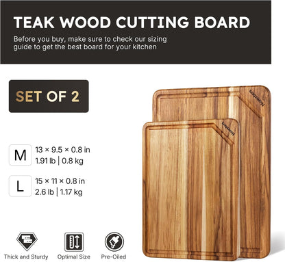 17'' Teak Wood Cutting Board for Kitchen Non Slip Charcuterie Board Serving Heavy Duty Non Toxic Wooden Chopping Board Thick Haus Edge Grain Wood, Knife Friendly Housewarming Gifts - FSC Certified