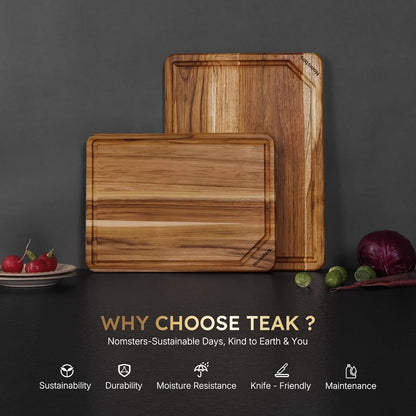 17'' Teak Wood Cutting Board for Kitchen Non Slip Charcuterie Board Serving Heavy Duty Non Toxic Wooden Chopping Board Thick Haus Edge Grain Wood, Knife Friendly Housewarming Gifts - FSC Certified