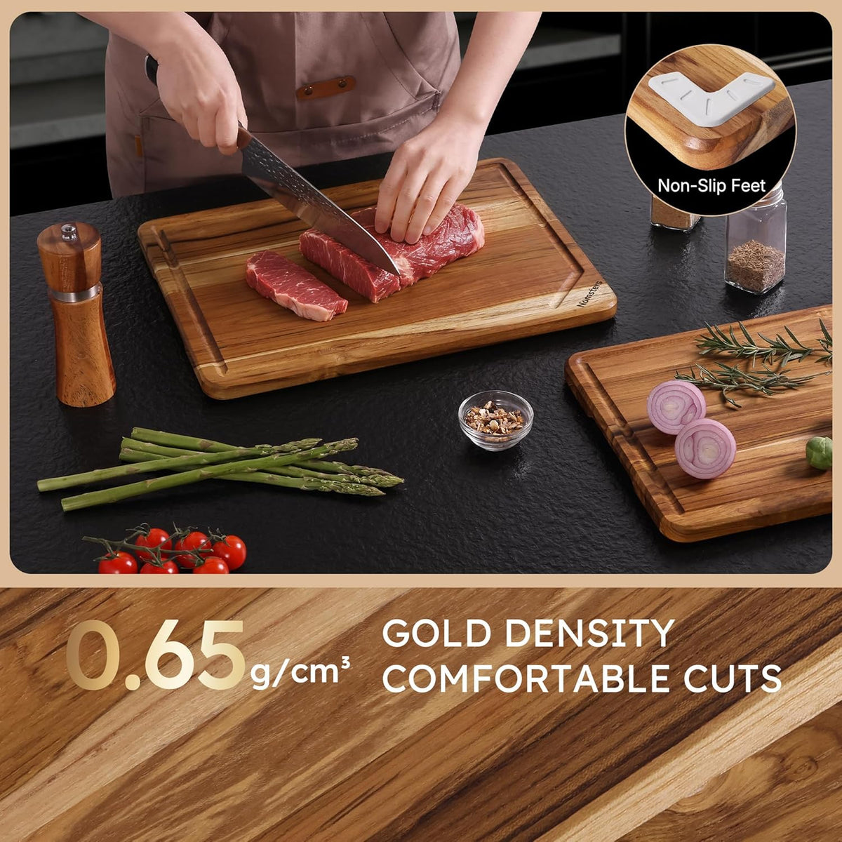 17'' Teak Wood Cutting Board for Kitchen Non Slip Charcuterie Board Serving Heavy Duty Non Toxic Wooden Chopping Board Thick Haus Edge Grain Wood, Knife Friendly Housewarming Gifts - FSC Certified
