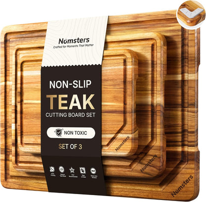 17'' Teak Wood Cutting Board for Kitchen Non Slip Charcuterie Board Serving Heavy Duty Non Toxic Wooden Chopping Board Thick Haus Edge Grain Wood, Knife Friendly Housewarming Gifts - FSC Certified
