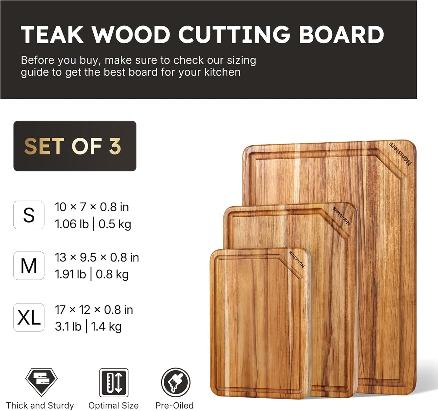 17'' Teak Wood Cutting Board for Kitchen Non Slip Charcuterie Board Serving Heavy Duty Non Toxic Wooden Chopping Board Thick Haus Edge Grain Wood, Knife Friendly Housewarming Gifts - FSC Certified