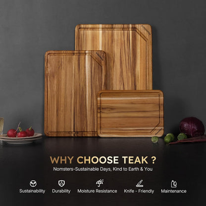 17'' Teak Wood Cutting Board for Kitchen Non Slip Charcuterie Board Serving Heavy Duty Non Toxic Wooden Chopping Board Thick Haus Edge Grain Wood, Knife Friendly Housewarming Gifts - FSC Certified