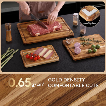 17'' Teak Wood Cutting Board for Kitchen Non Slip Charcuterie Board Serving Heavy Duty Non Toxic Wooden Chopping Board Thick Haus Edge Grain Wood, Knife Friendly Housewarming Gifts - FSC Certified