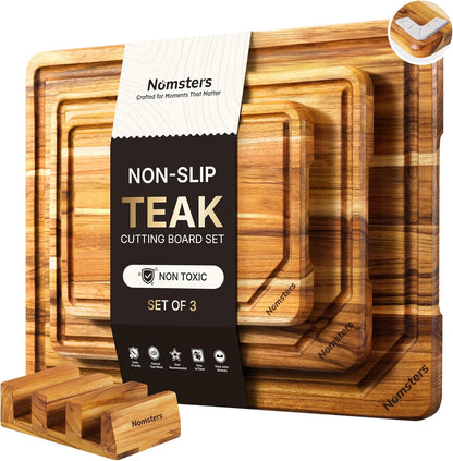 17'' Teak Wood Cutting Board for Kitchen Non Slip Charcuterie Board Serving Heavy Duty Non Toxic Wooden Chopping Board Thick Haus Edge Grain Wood, Knife Friendly Housewarming Gifts - FSC Certified