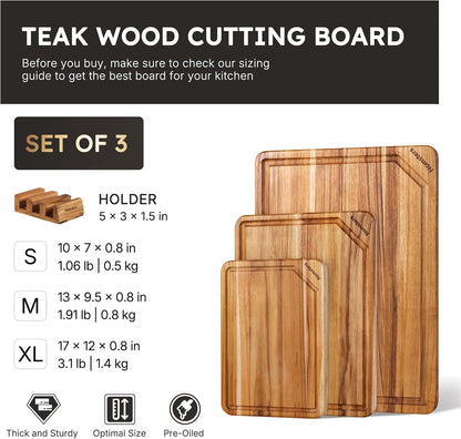 17'' Teak Wood Cutting Board for Kitchen Non Slip Charcuterie Board Serving Heavy Duty Non Toxic Wooden Chopping Board Thick Haus Edge Grain Wood, Knife Friendly Housewarming Gifts - FSC Certified
