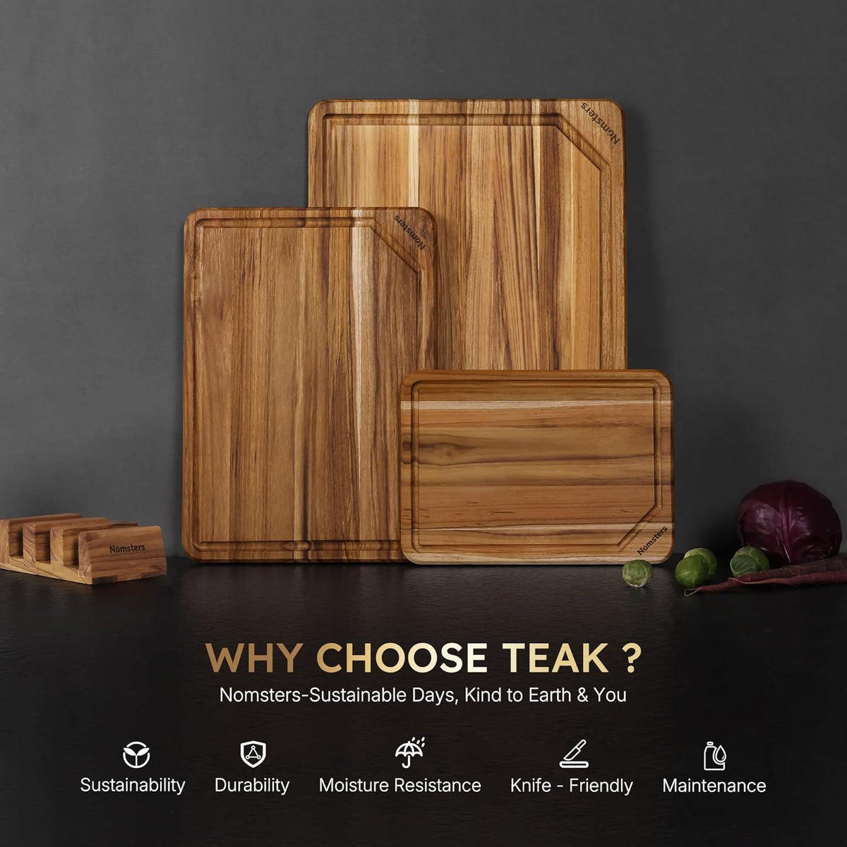 17'' Teak Wood Cutting Board for Kitchen Non Slip Charcuterie Board Serving Heavy Duty Non Toxic Wooden Chopping Board Thick Haus Edge Grain Wood, Knife Friendly Housewarming Gifts - FSC Certified