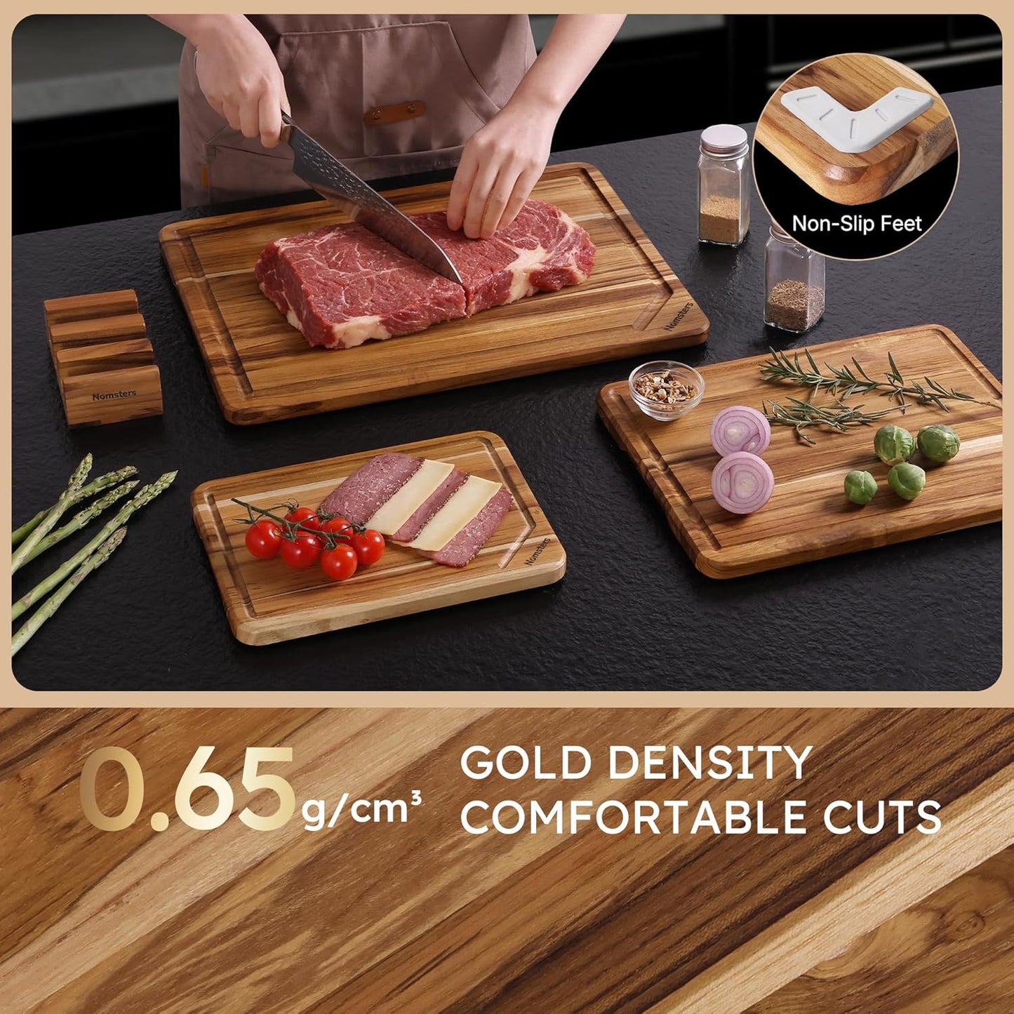 17'' Teak Wood Cutting Board for Kitchen Non Slip Charcuterie Board Serving Heavy Duty Non Toxic Wooden Chopping Board Thick Haus Edge Grain Wood, Knife Friendly Housewarming Gifts - FSC Certified