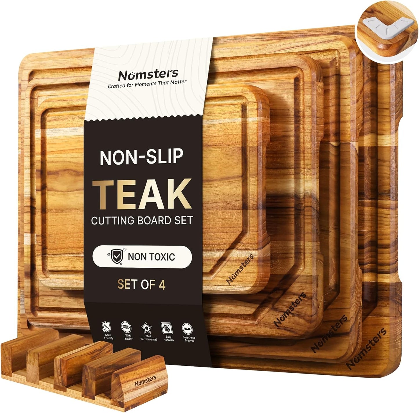 17'' Teak Wood Cutting Board for Kitchen Non Slip Charcuterie Board Serving Heavy Duty Non Toxic Wooden Chopping Board Thick Haus Edge Grain Wood, Knife Friendly Housewarming Gifts - FSC Certified