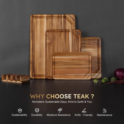 17'' Teak Wood Cutting Board for Kitchen Non Slip Charcuterie Board Serving Heavy Duty Non Toxic Wooden Chopping Board Thick Haus Edge Grain Wood, Knife Friendly Housewarming Gifts - FSC Certified