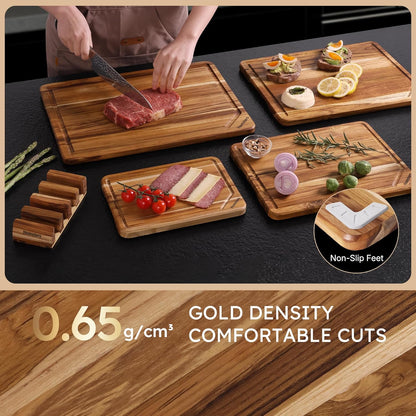 17'' Teak Wood Cutting Board for Kitchen Non Slip Charcuterie Board Serving Heavy Duty Non Toxic Wooden Chopping Board Thick Haus Edge Grain Wood, Knife Friendly Housewarming Gifts - FSC Certified