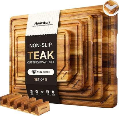 17'' Teak Wood Cutting Board for Kitchen Non Slip Charcuterie Board Serving Heavy Duty Non Toxic Wooden Chopping Board Thick Haus Edge Grain Wood, Knife Friendly Housewarming Gifts - FSC Certified