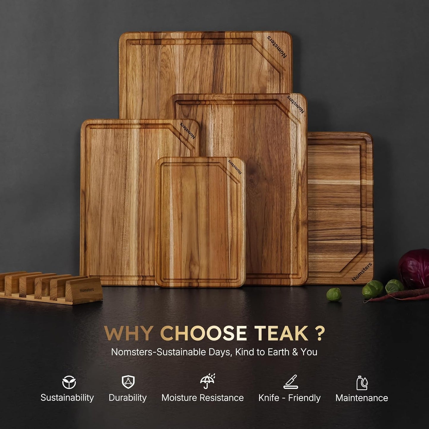 17'' Teak Wood Cutting Board for Kitchen Non Slip Charcuterie Board Serving Heavy Duty Non Toxic Wooden Chopping Board Thick Haus Edge Grain Wood, Knife Friendly Housewarming Gifts - FSC Certified