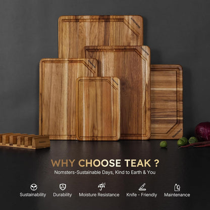 17'' Teak Wood Cutting Board for Kitchen Non Slip Charcuterie Board Serving Heavy Duty Non Toxic Wooden Chopping Board Thick Haus Edge Grain Wood, Knife Friendly Housewarming Gifts - FSC Certified