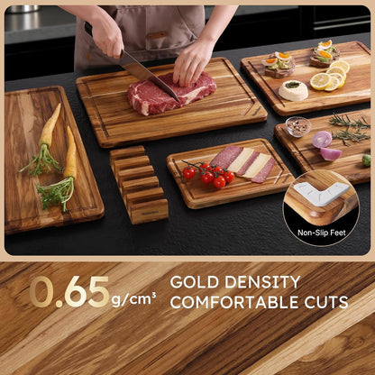 17'' Teak Wood Cutting Board for Kitchen Non Slip Charcuterie Board Serving Heavy Duty Non Toxic Wooden Chopping Board Thick Haus Edge Grain Wood, Knife Friendly Housewarming Gifts - FSC Certified