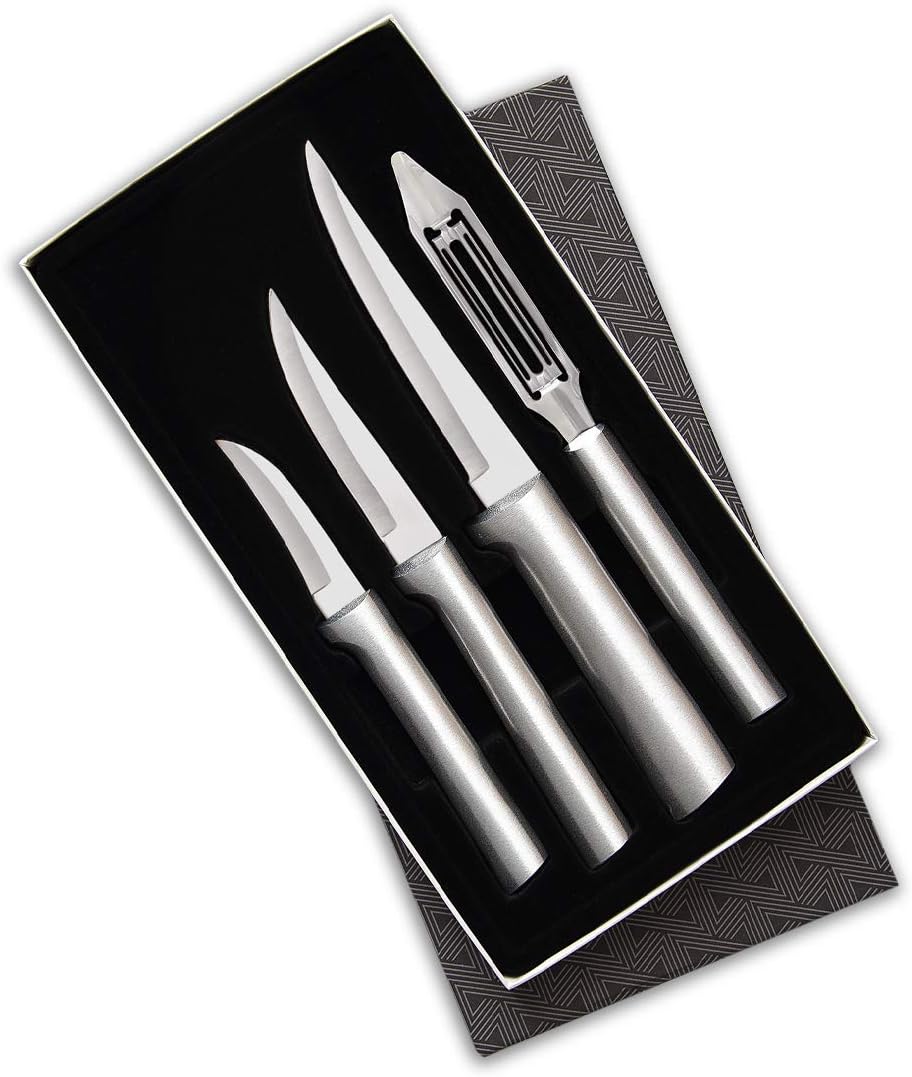Meal Prep Gift Set (S05), Silver Handle | 4-Piece Knife Set , Stainless Steel Blade, Silver Cast Aluminum Handle