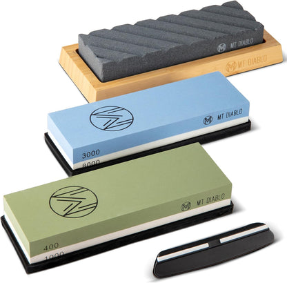 Knife Sharpener Stone Kit for Chefs & Woodworkers: Dual-Grit Whetstones 400/1000 & 3000/8000, Premium White Corundum, Knife Sharpening Kit with Bamboo Base & Angle Guide, Flattening Stone