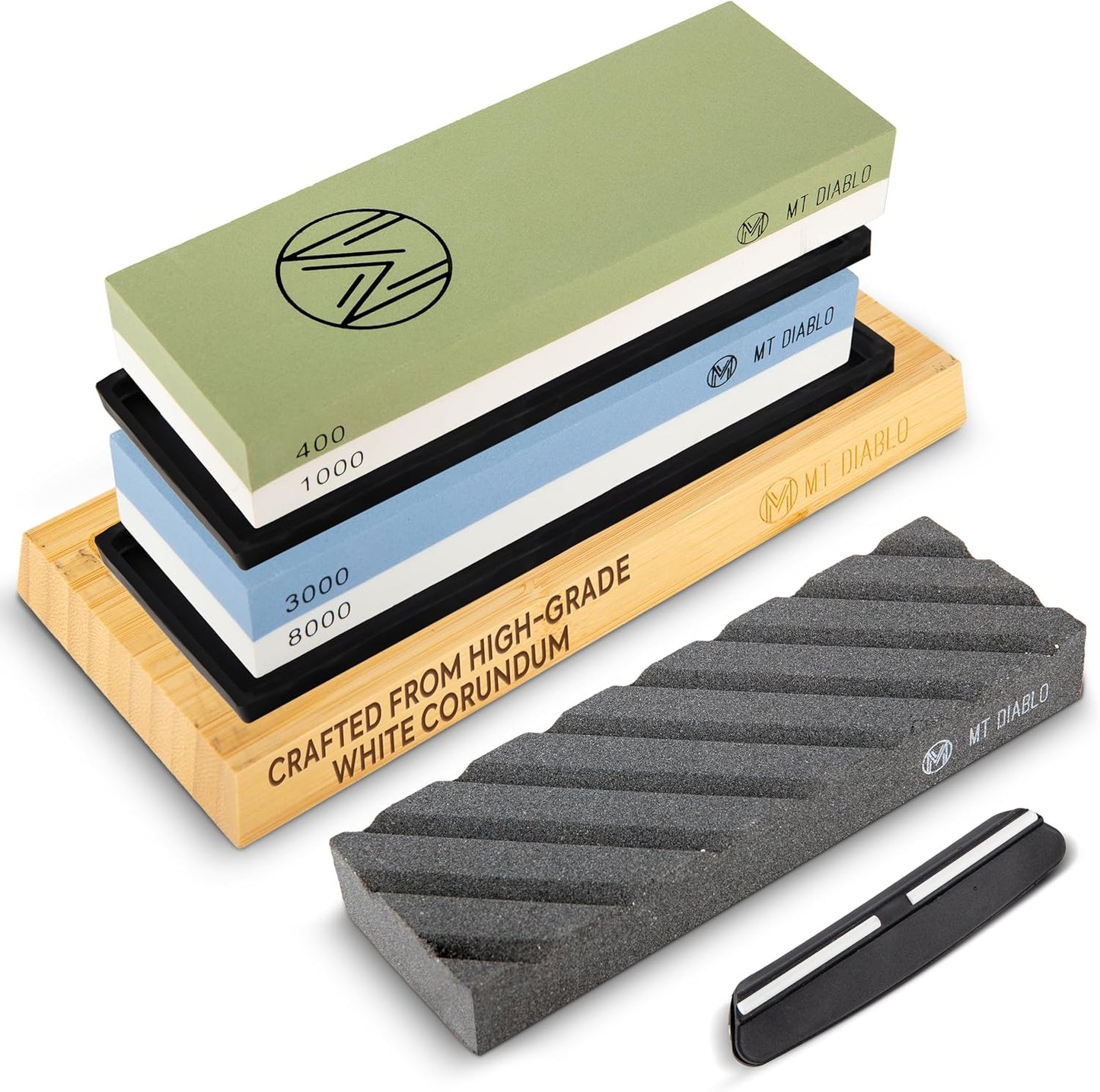 Knife Sharpener Stone Kit for Chefs & Woodworkers: Dual-Grit Whetstones 400/1000 & 3000/8000, Premium White Corundum, Knife Sharpening Kit with Bamboo Base & Angle Guide, Flattening Stone
