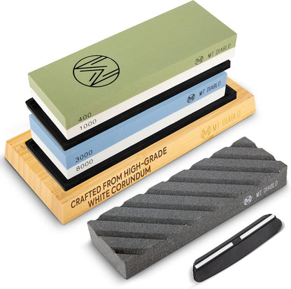 Knife Sharpener Stone Kit for Chefs & Woodworkers: Dual-Grit Whetstones 400/1000 & 3000/8000, Premium White Corundum, Knife Sharpening Kit with Bamboo Base & Angle Guide, Flattening Stone