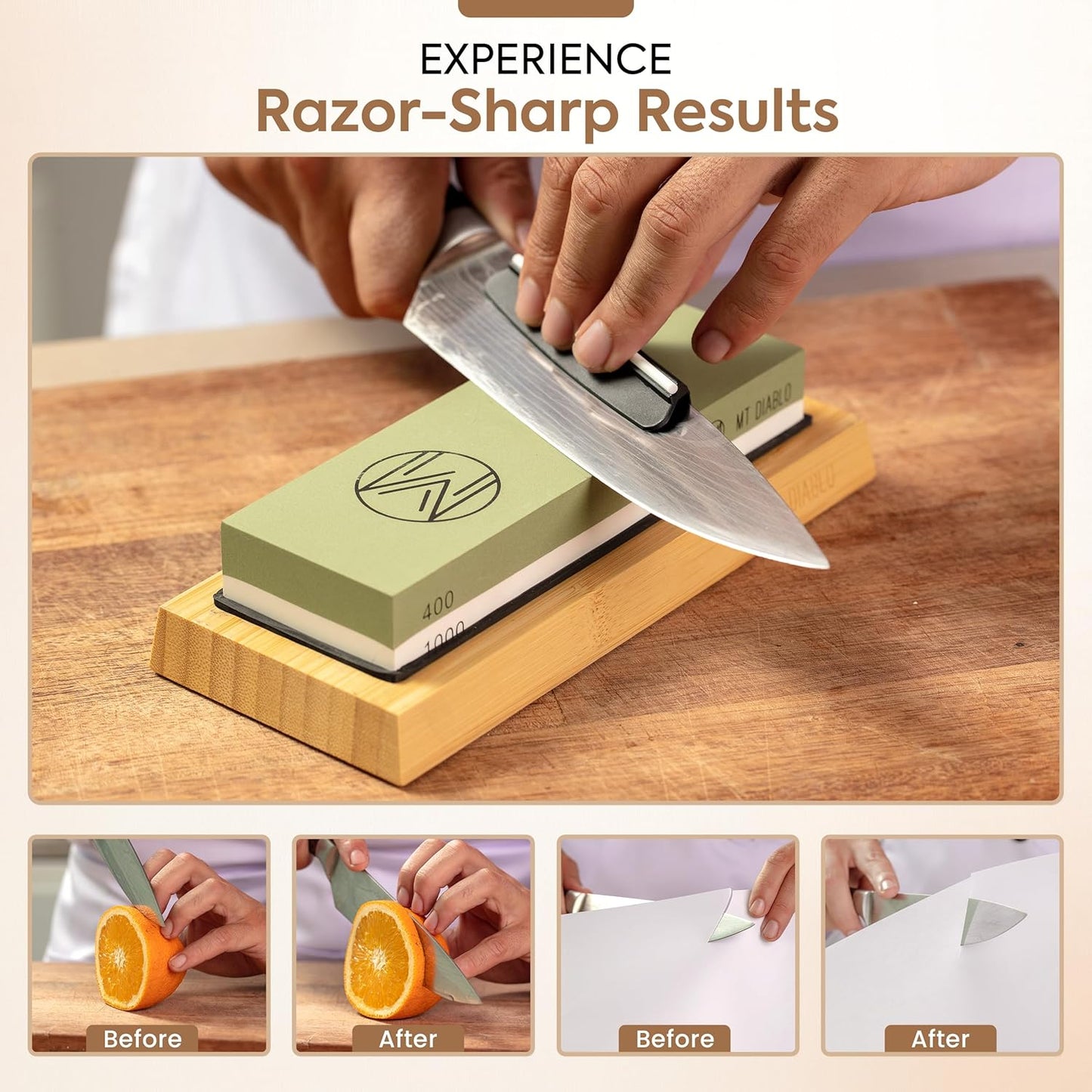 Knife Sharpener Stone Kit for Chefs & Woodworkers: Dual-Grit Whetstones 400/1000 & 3000/8000, Premium White Corundum, Knife Sharpening Kit with Bamboo Base & Angle Guide, Flattening Stone