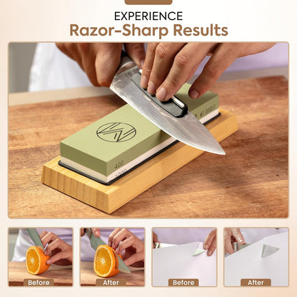 Knife Sharpener Stone Kit for Chefs & Woodworkers: Dual-Grit Whetstones 400/1000 & 3000/8000, Premium White Corundum, Knife Sharpening Kit with Bamboo Base & Angle Guide, Flattening Stone