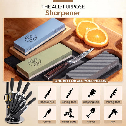 Knife Sharpener Stone Kit for Chefs & Woodworkers: Dual-Grit Whetstones 400/1000 & 3000/8000, Premium White Corundum, Knife Sharpening Kit with Bamboo Base & Angle Guide, Flattening Stone