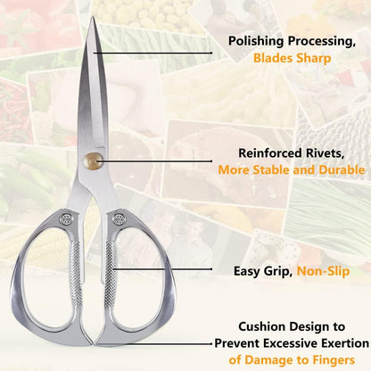 Newness Kitchen Shears, Stainless Steel Duty Kitchen Shears for Chicken, Beefs, Poultry, Fish, Meat, Vegetables, Stainless Steel Scissors with Non-Slip Easy Grip Handles for House Daily Use