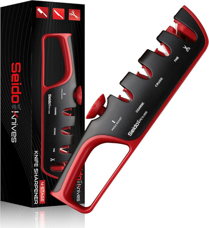 4-Stage Professional Knife Sharpener - Adjustable Angle Guide and Scissor Sharpening Slot | Adjustable angle guide, coarse-to-fine sharpening stages, and built-in scissor sharpening slot